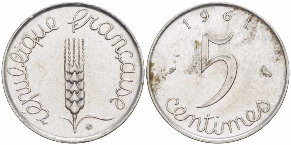 ФРАНЦИЯ 5 САНТИМОВ 1961 ПЯТАЯ РЕСПУБЛИКА KM 927, LE FRANC 124.3 хромированная сталь 105-418
