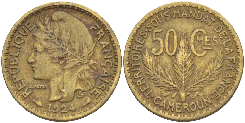 Французский Камерун 50 сантимов 1924 (а), монетный двор Париж KM 1 алюминиевая бронза 72-1641