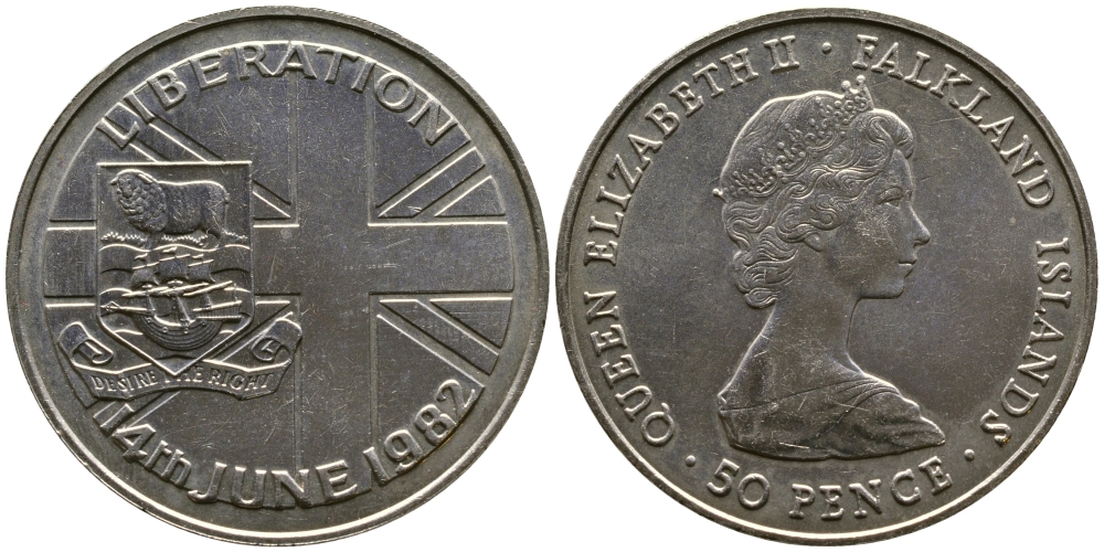 Фолклендские острова 50 пенсов 1982 освобождение Фолклендов, 14 июня 1982 KM 18 медно-никель UNC 118-512