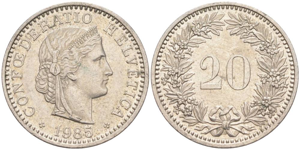 Швейцария 20 раппенов 1985 KM 29a медно-никель 55-1017