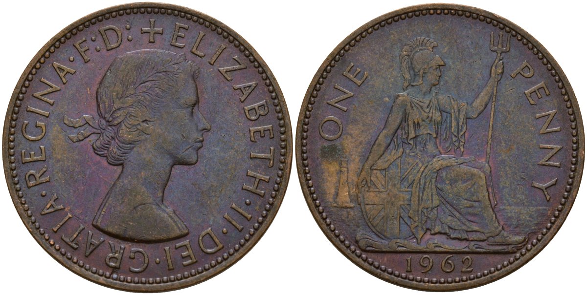 Великобритания 1 пенни 1962 Елизавета II (1952-2022) КМ 897, Spink 4157 бронза 4157-146