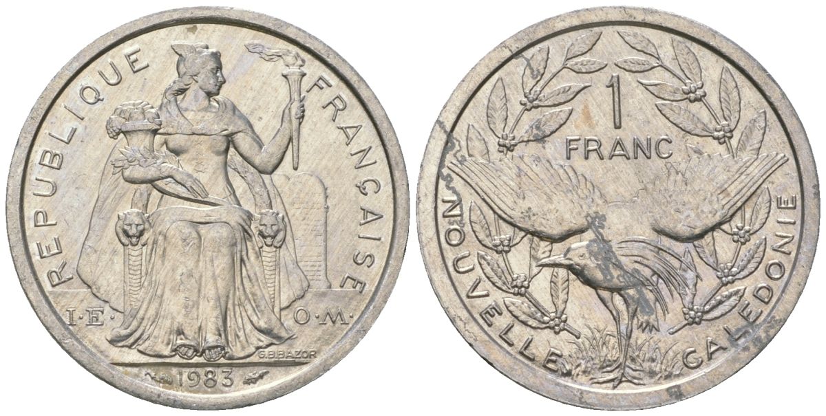 Французская Новая Каледония 1 франк 1983 птица кагу, (IEOM) KM 10, Schoen 10, Lec 46 алюминий 51-2711