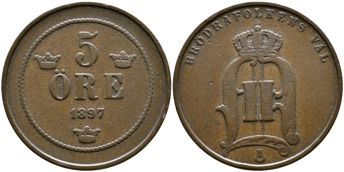 Швеция 5 эре 1897 Оскар II (1872-1907) король Швеции и Норвегии KM 757 бронза 259-1017