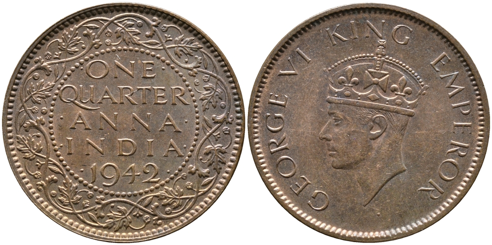 Британская Индия 1/4 анна 1942 Георг VI (1937-1952) KM 531 бронза aUNC 93-324