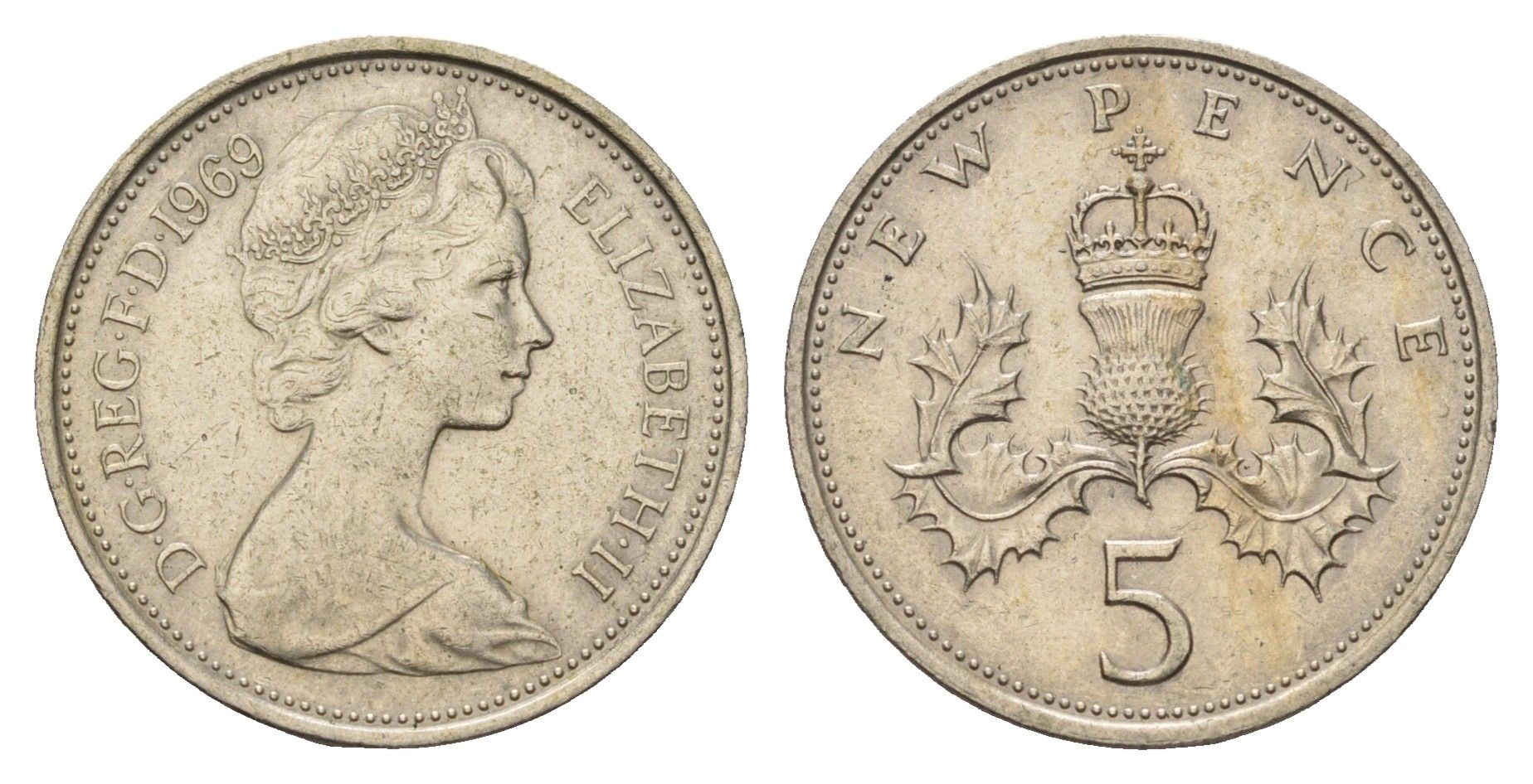 Великобритания 5 новых пенсов 1969 Елизавета II (1952-2022) KM 911, Spink 4233 (D1) медно-никель 68-313