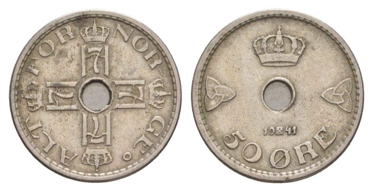 Норвегия 50 эре 1941 Хокон VII (1905-1957) KM 386 медно-никель 4635-356
