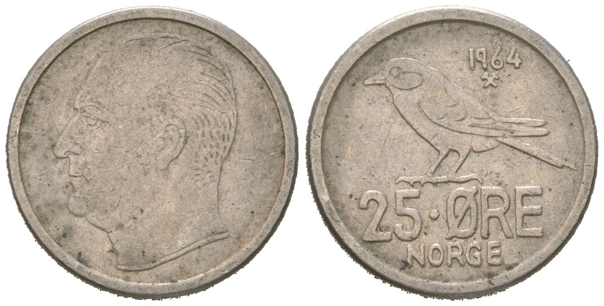 Норвегия 25 эре 1964 Улаф V (1958-1991), синица KM 407 медно-никель 4617-1246