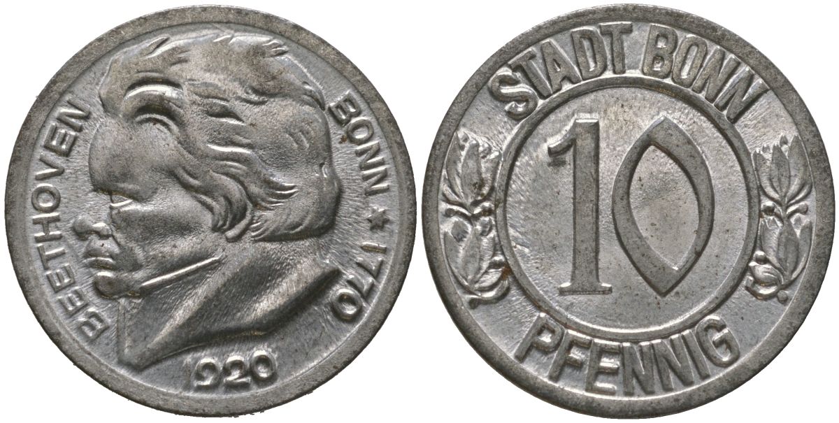 Бонн (Пруссия, Рейн) 10 пфенингов 1920 Funck 51.1A, Men05 3220.1, Men18 4134.1 железо 4163-523