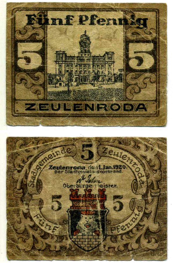 Цойленрода 5 пфеннигов 1920 1 января 1920, нотгельд, земля Тюрингия Grabowski Z8.6b бумага 2195-44-3-1