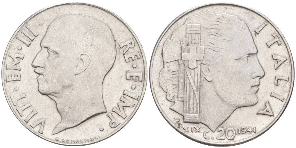 ИТАЛИЯ 20 ЧЕНТЕЗИМО 1941 R, ГОД XIX, ВИКТОР ЭММАНУИЛ III (1900-1946) KM 75b, VEM3. 1028 нержавеющая сталь 3853-717