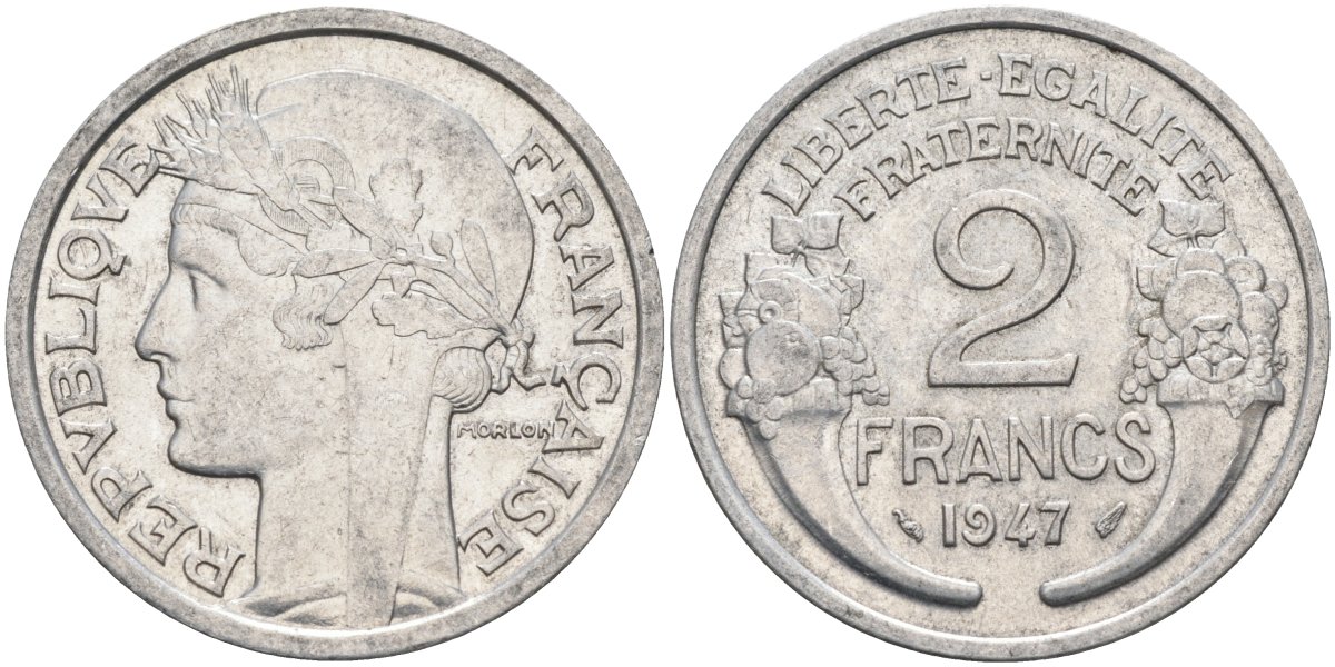 Франция 2 франка 1947 тип Morlon KM 886a.1, Le Frank 369.10 алюминий 4116-1147