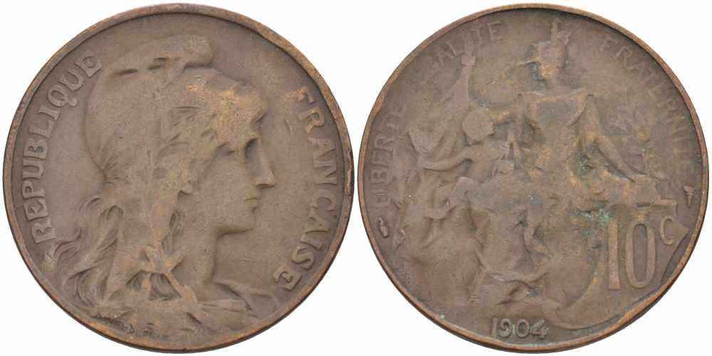ФРАНЦИЯ 10 САНТИМОВ 1904 ТИП ДАНИЭЛЬ ДЮПЮИ KM 843, LA FRANC 136.14 бронза 109-216