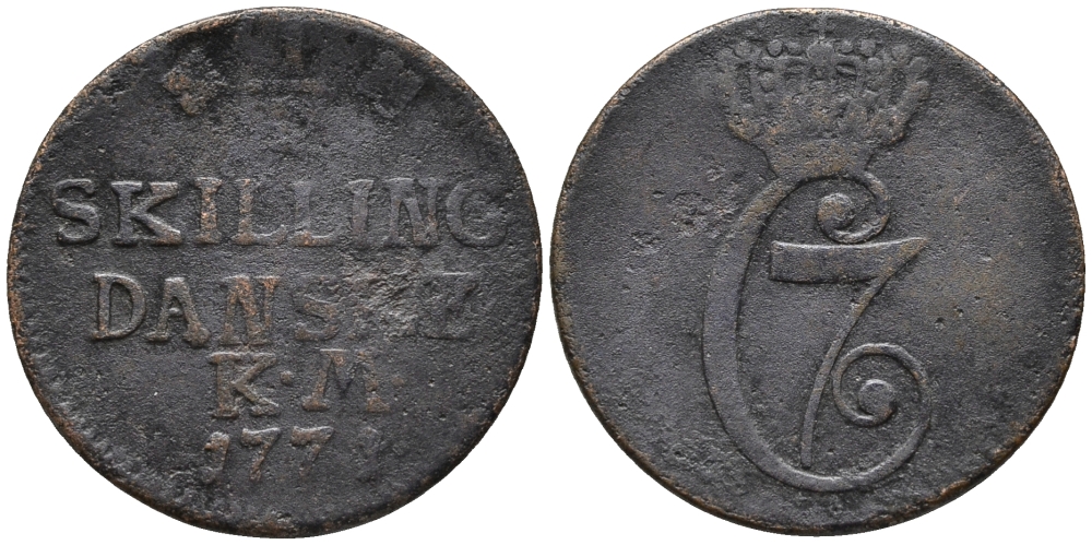 ДАНИЯ 1/2 СКИЛЛИНГА 1771 КМ, КРИСТИАН VII (1766-1808) KM 615 (C46) медь 67-157