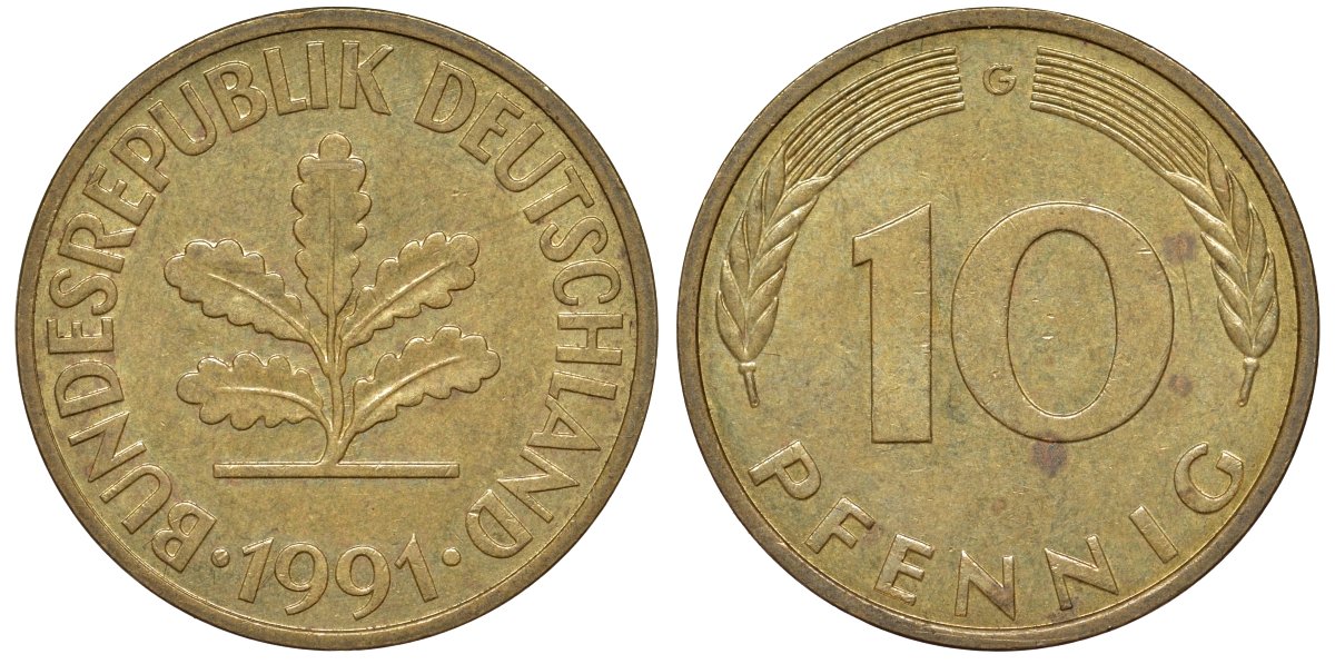 ФРГ 10 пфеннигов 1991 C KM 108, J. 383 сталь плакированная латунью 4132-611