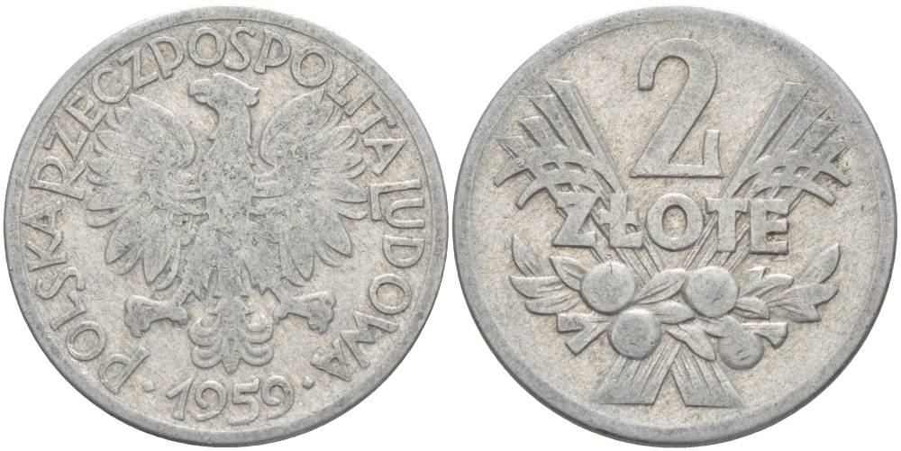 ПОЛЬША 2 ЗЛОТЫХ 1959 MW KM 46 алюминий 4545-813