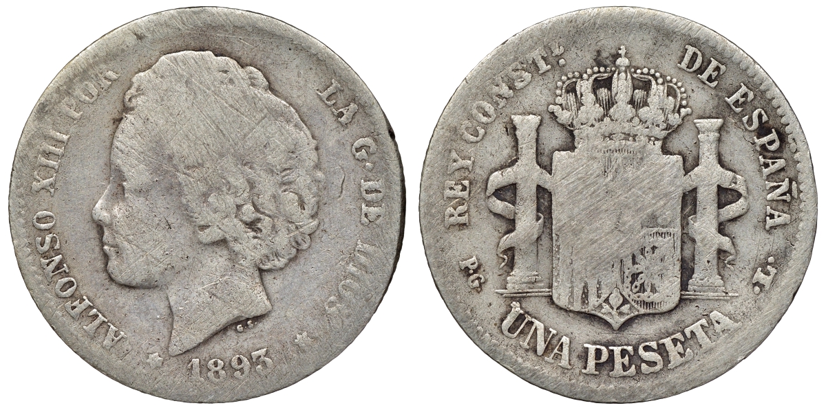 Испания 1 песета 1893 (93) PG-L, Альфонсо XIII (1886-1931) KM 702 серебро    4116-634