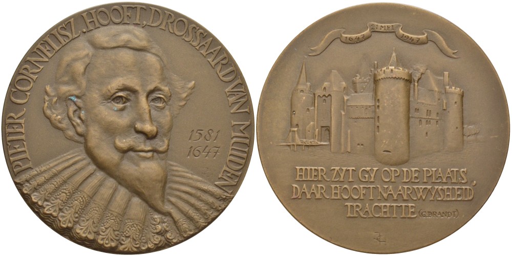 НИДЕРЛАНДЫ МЕДАЛЬ 1947 300 ЛЕТ СО ДНЯ СМЕРТИ ПИТЕРА КОРНЕЛИСА ХОФТА (1581-1647) НИДЕРЛАНДСКОГО ПОЭТА, 21 МАЯ 1971, ДИАМЕТР 50 ММ. бронза 1089-5-43