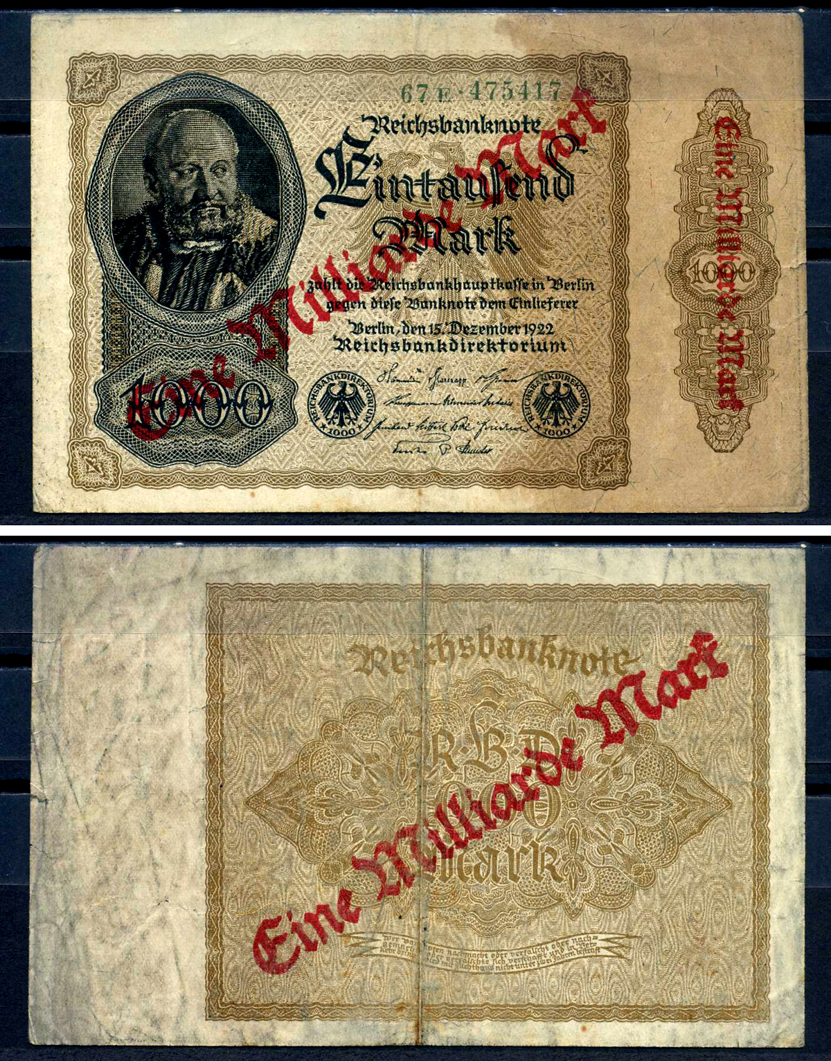 Германия 1000000000 марок 1923 красная диагональная, двухсторонняя надпечатка на 1000 марок 1922, бумага белая, водяной знак 1001 Pick 113 a (2)  бумага   8589-52-2-2