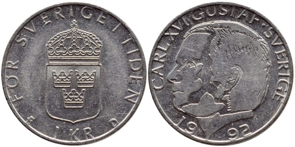 Швеция 1 крона 1992 Карл XVI Густав (1973- ) KM 852a медно-никель 4384-1244