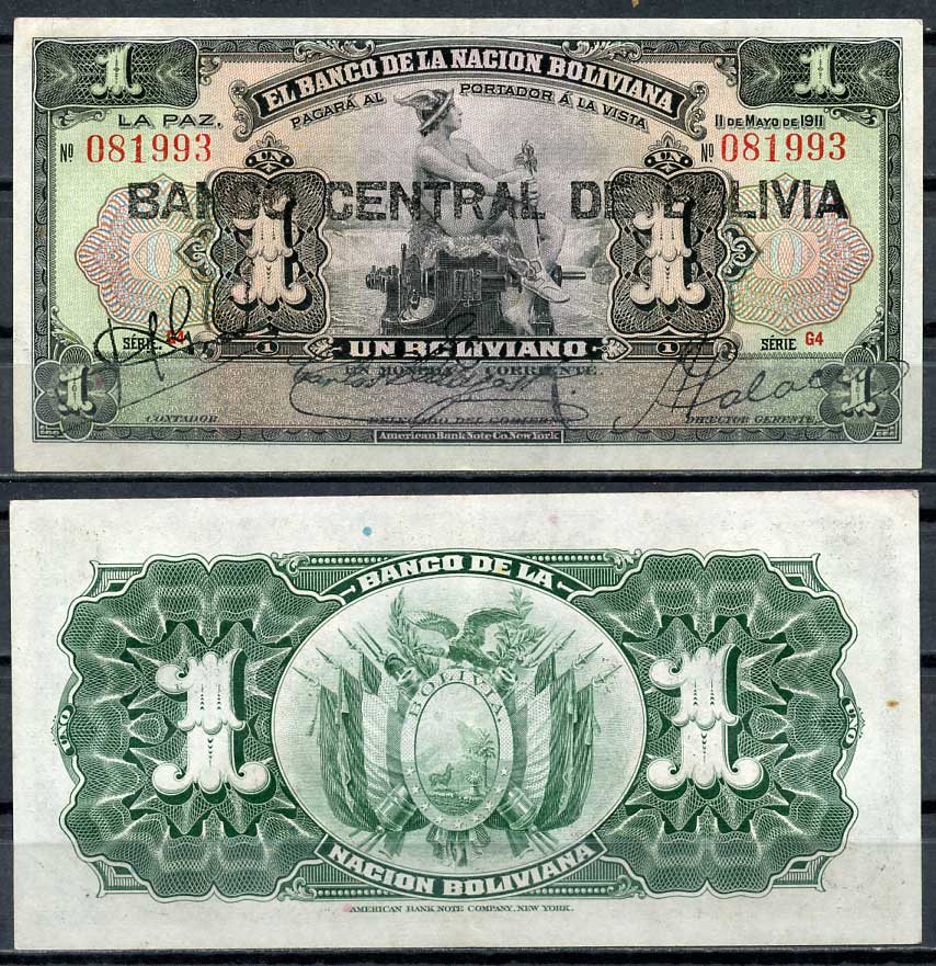 Боливия 1 боливиано 1911 (1929) надпечатка на Pick 103, серия G4, Меркурий Pick 112 (3)  бумага  7217-63-3-1