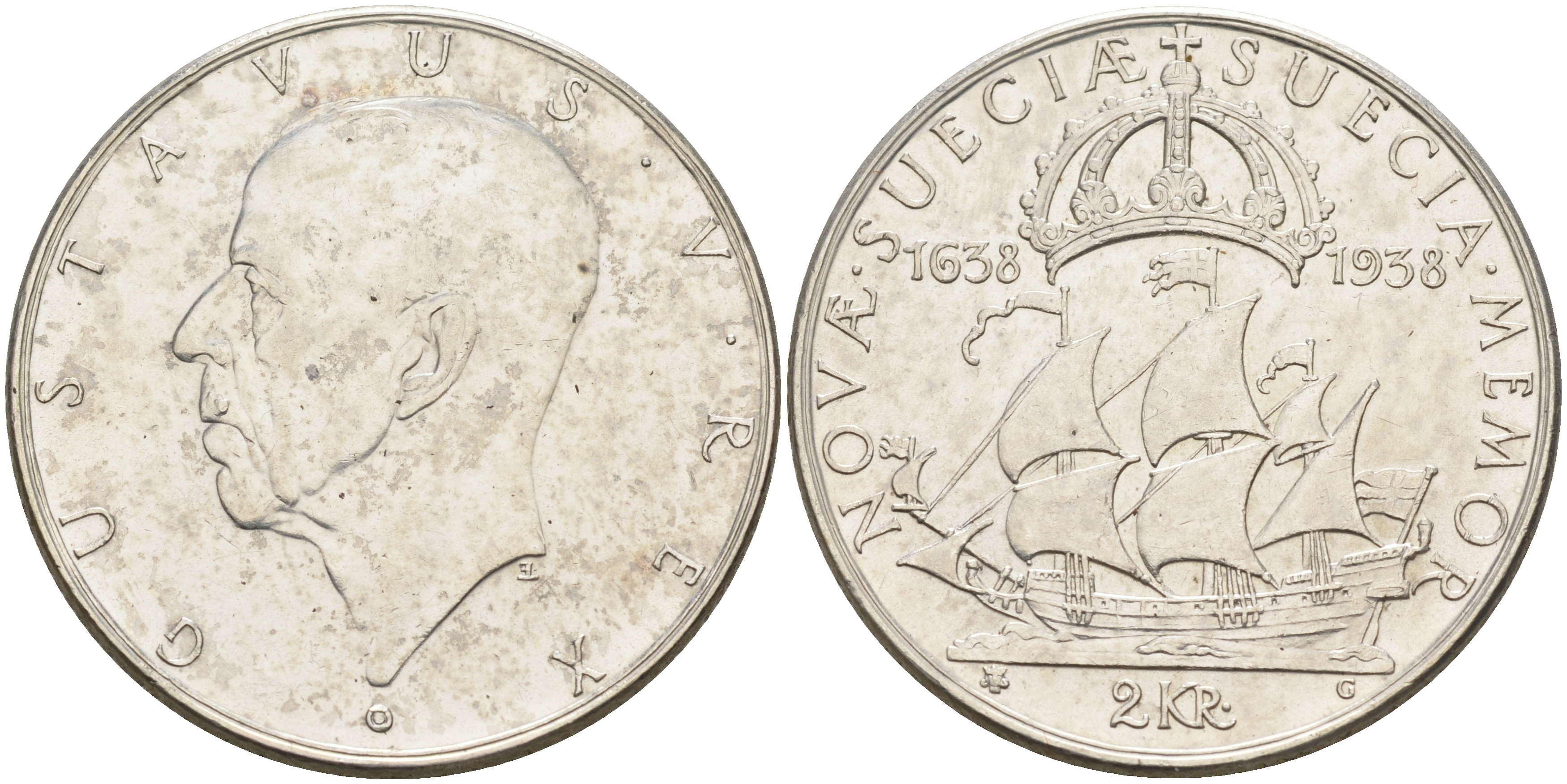 Швеция 2 кроны 1938 G, Густав V (1907-1950), 300 лет шведским поселениям в Делавере KM 807 серебро 4590-1243