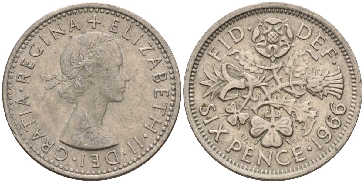 Великобритания 6 пенсов 1966 Елизавета II (1952-2022) KM 903, Spink 4149 медно-никель 4596-1049
