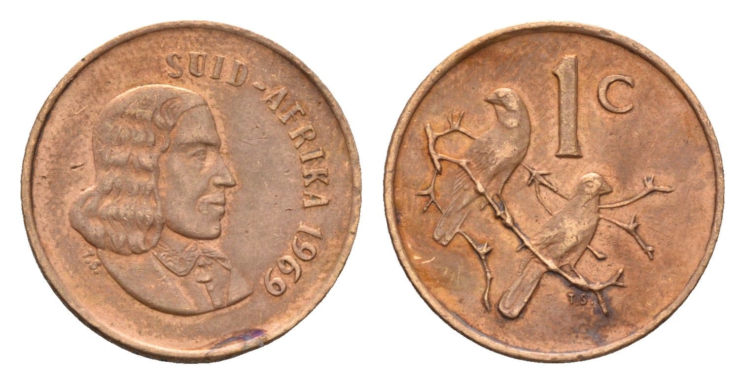 ЮАР 1 цент 1969 Ян ван Рибек (1619-1677), Suid Africa, легенда на африкаанс, капские воробьи KM 65.2 бронза 4643-138