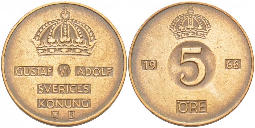 Швеция 5 эре 1966 U, Густав VI Адольф (1950-1973) КМ 822 бронза 77-533