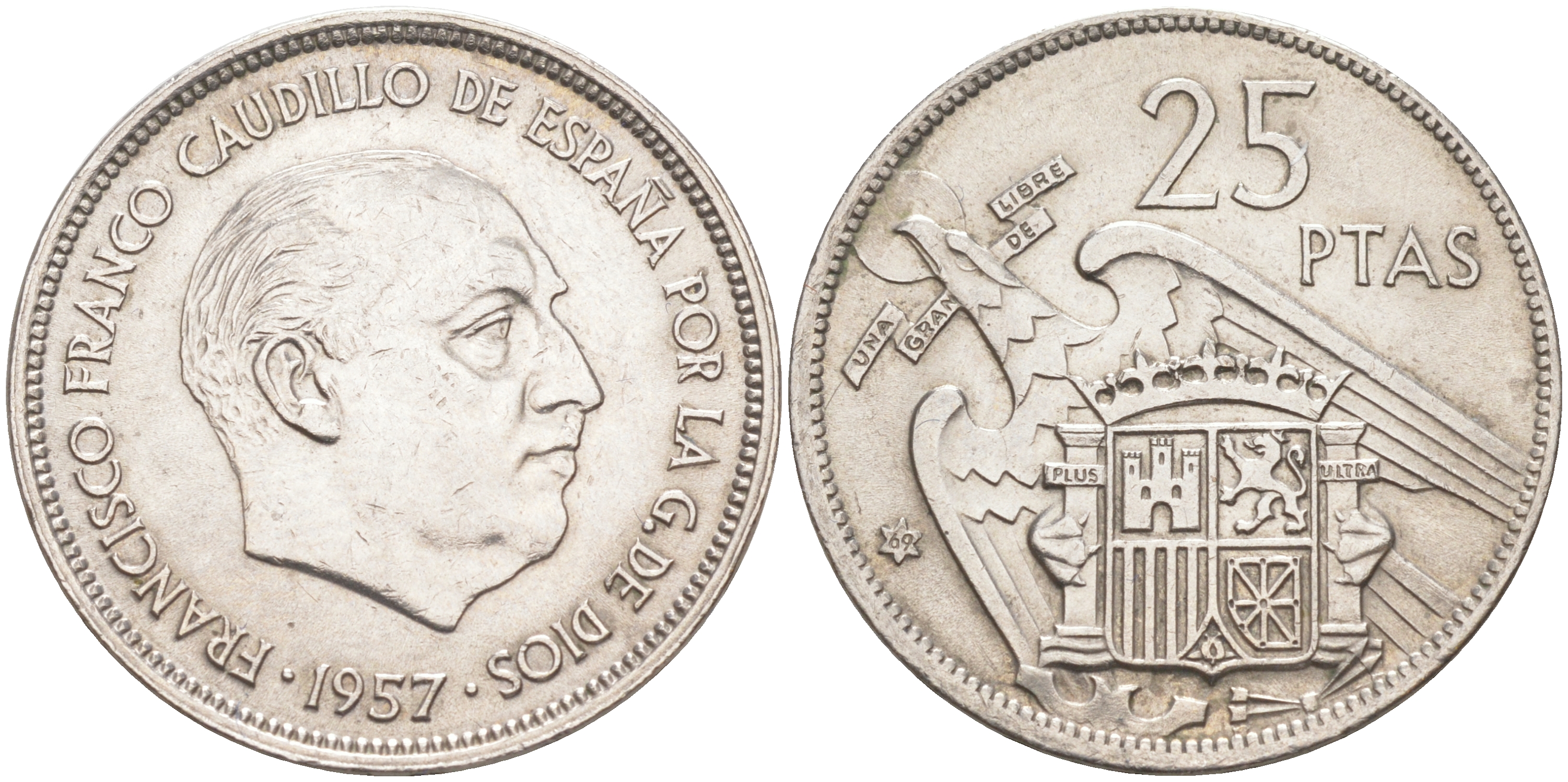 ИСПАНИЯ 25 ПЕСЕТА 1957 (69) ФРАНСИСКО ФРАНКО ДИКТАТОР ИСПАНИИ (1939-1975) KM 787 медно-никель 176-417