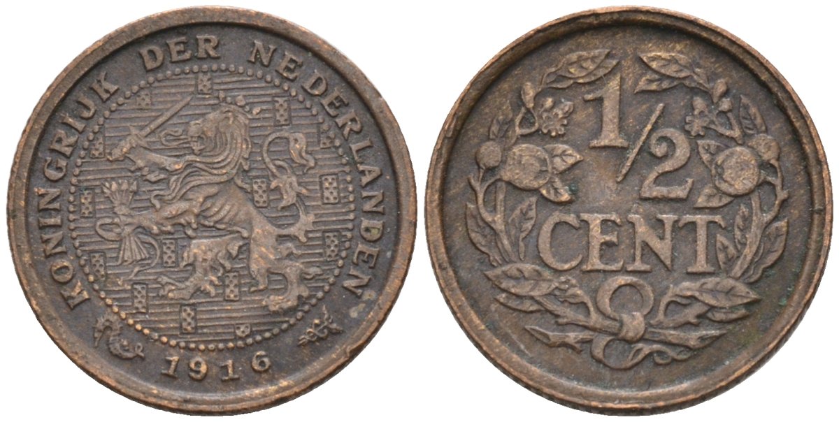 Нидерланды 1/2 цента 1916 Вильгельмина (1890-1948) KM 138 бронза 4576-366