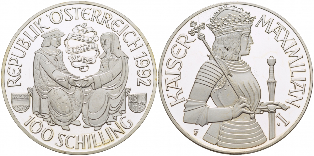 Австрия 100 шиллингов 1992 Максимилиан I KM 3003 серебро PROOF 11-177-14