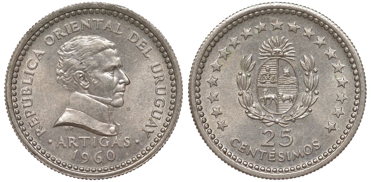 Уругвай 25 сентесимо 1960 KM 40 медно-никель 4580-1219