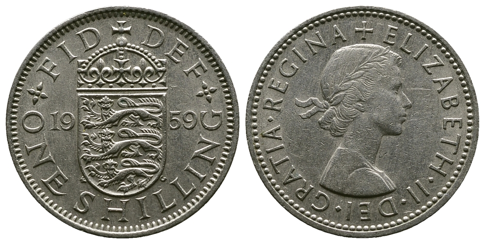 Великобритания 1 шиллинг 1959 Елизавета II (1952-2022), Английский герб KM 904, Spink 4147 медно-никель 4384-356