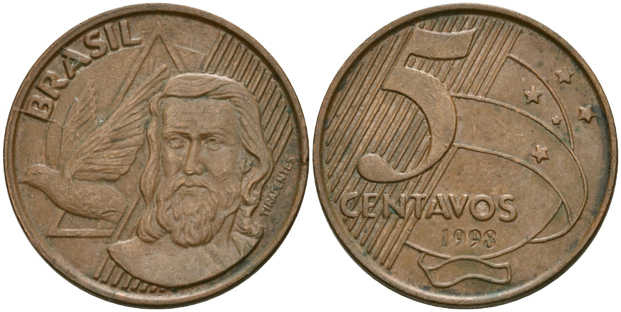 БРАЗИЛИЯ 5 СЕНТАВО 1998 KM 648 сталь плакированная медью 87-435
