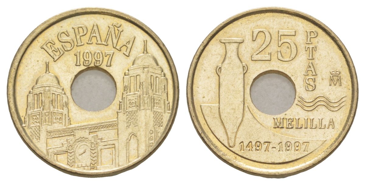 Испания 25 песет 1997 Мелилья (Melilla), Хуан Карлос I (1975-2014) KM 983 алюминиевая бронза UNC 4627-926