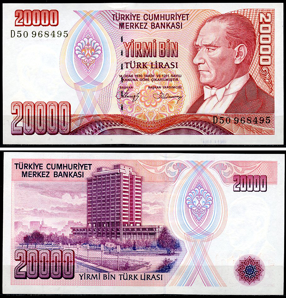 Турция 20000 лир 1970 (1988-1997) серия D, Президент Кемаль Ататюрк, здание Центрального банка Pick 201 b, Sira 231  бумага  UNC (пресс) 7202-47-1