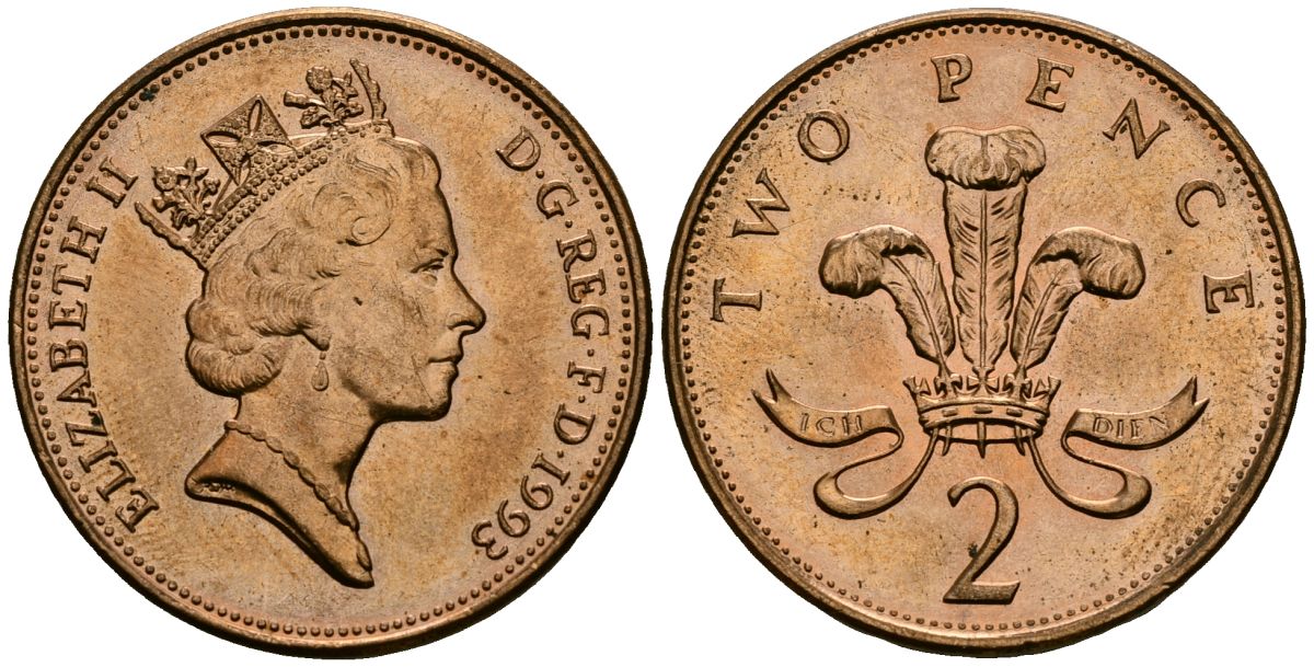Великобритания 2 пенса 1993 Елизавета II (1952-2022) KM 936a, Spink 4376 (C4) сталь плакированная медью 4607-946