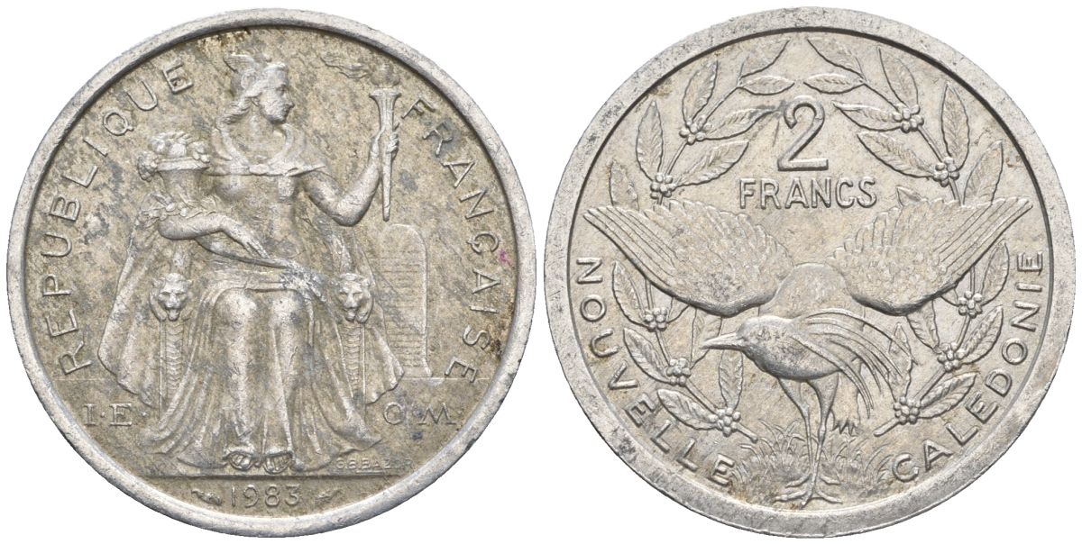 Французская Новая Каледония 2 франка 1983 птица кагу, (IEOM) KM 14, Schoen 11, Lec 63 алюминий    27-615