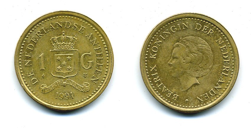 Нидерландские Антилы 1 гульден 1991 Беатрикс (1980-2013) KM 37 позолоченная сталь 25-745