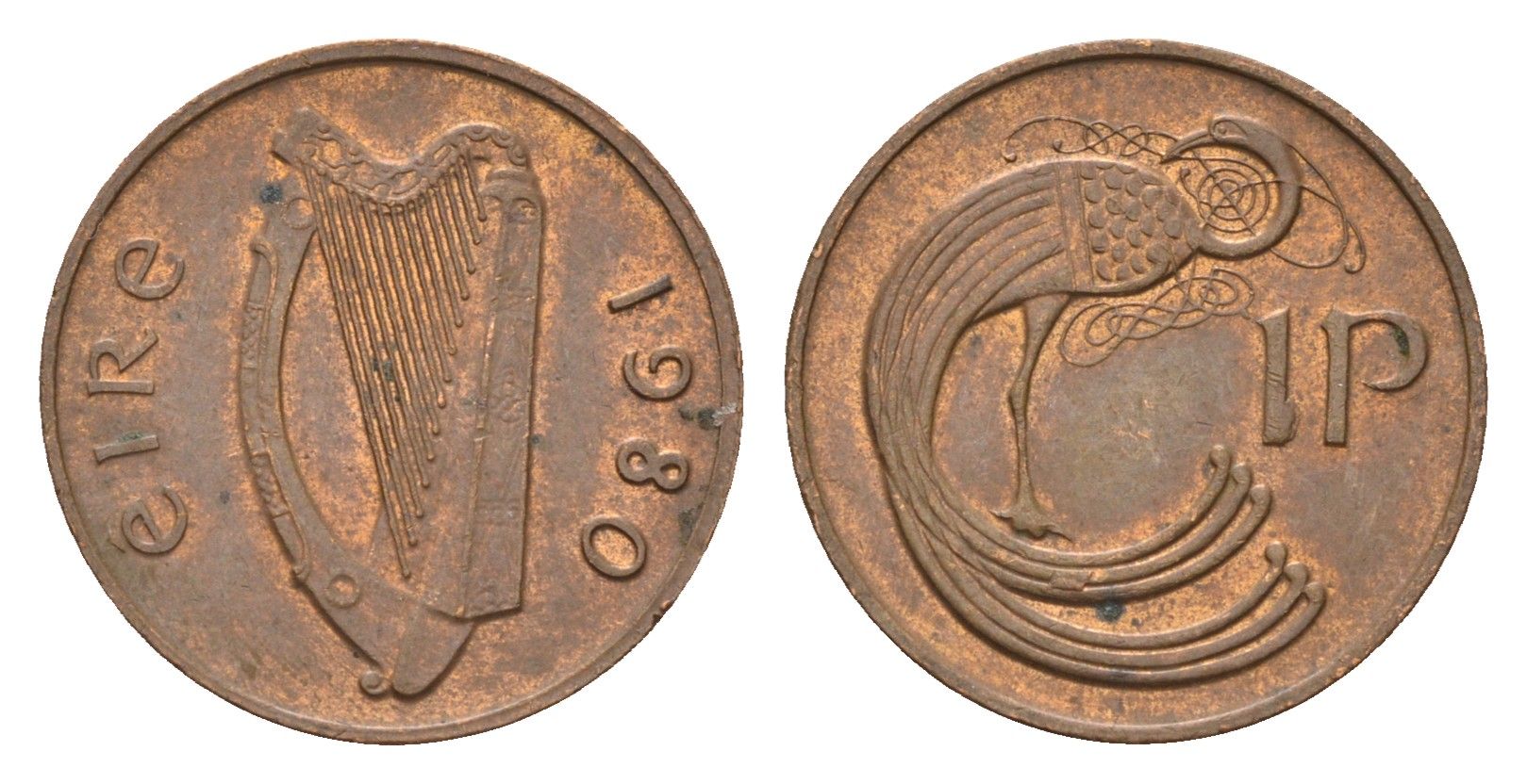 Ирландия 1 пенни 1980 мифологическая птица лира KM 20 бронза 4690-426