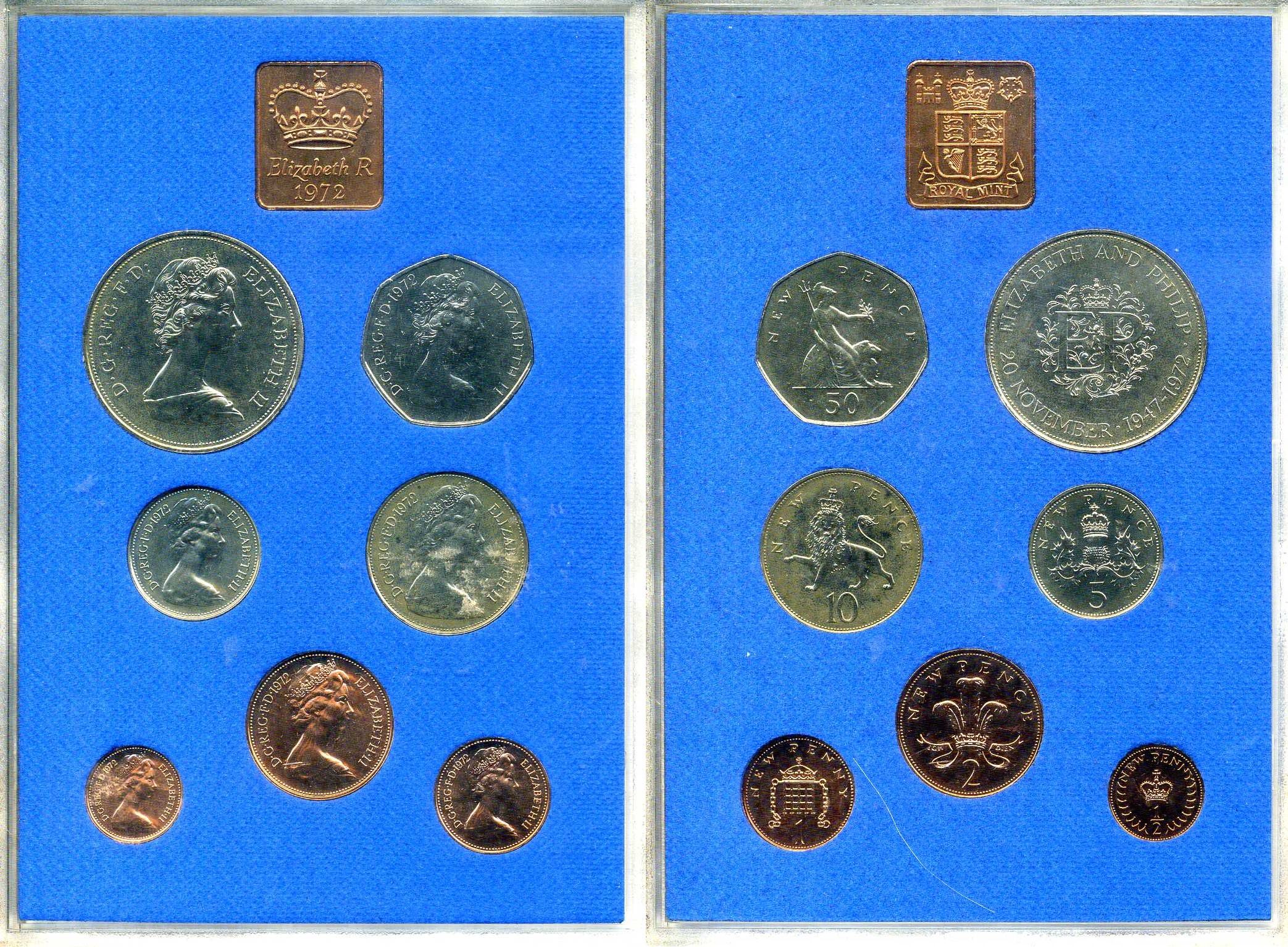 Великобритания официальный набор из 6 монет (1/2, 1, 2, 5, 10 и 50 пенсов) + жетон монетного двора 1972 в оригинальной пластиковой упаковке KM PS28 (911, 912, 913, 914, 915 и 916) PROOF 2-5-2-23