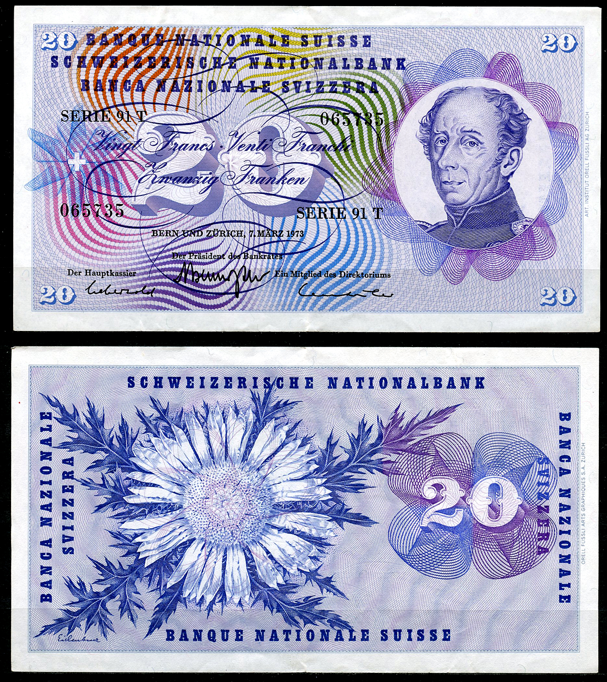 Швейцария 20 франков 1973 генерал Гийом-Анри Дюфур, 7 марта 1973 Pick  46 u  бумага   6285-7-3-2