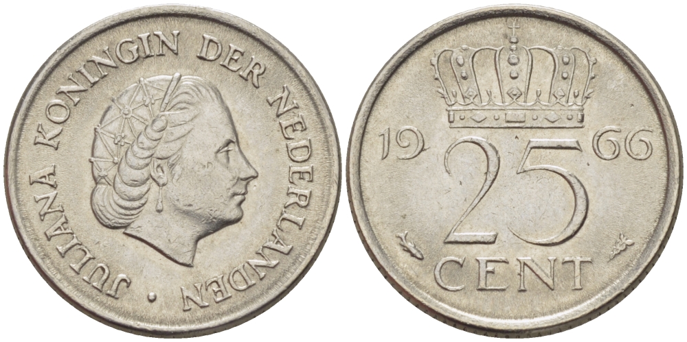 Нидерланды 25 центов 1966 Юлиана (1949-1980) KM 183 никель 66-1164