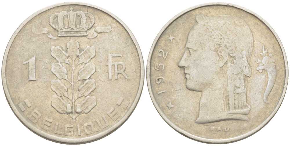 БЕЛЬГИЯ 1 ФРАНК 1952 BELGIQUE, БОДУЭН I (1951-1993) KM 142.1 медно-никель 213-455