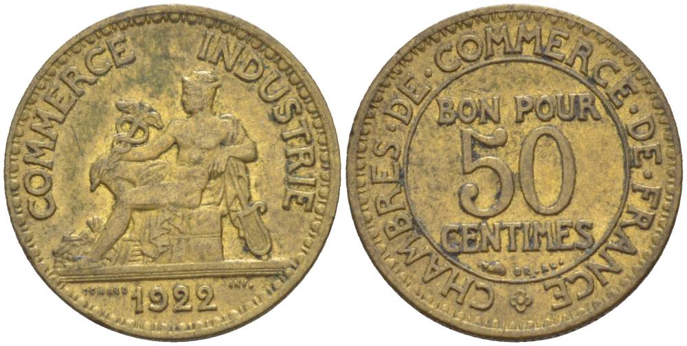 Франция 50 сантимов 1922 тип Chambre de Commerce KM 884, Le Franc 191.5 алюминиевая бронза 4551-323
