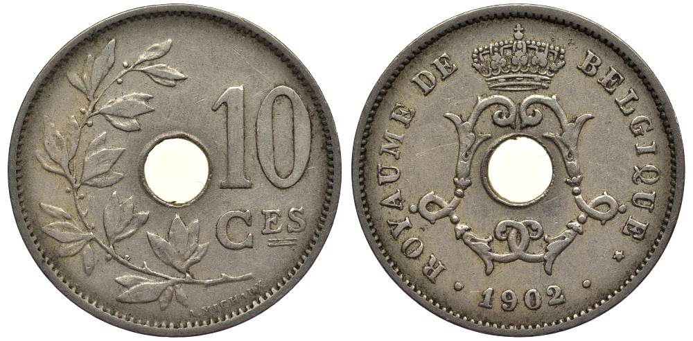 БЕЛЬГИЯ 10 САНТИМОВ 1902 BELGIQUE, ЛЕОПОЛЬД II (1865-1909) KM 48 медно-никель 27-913