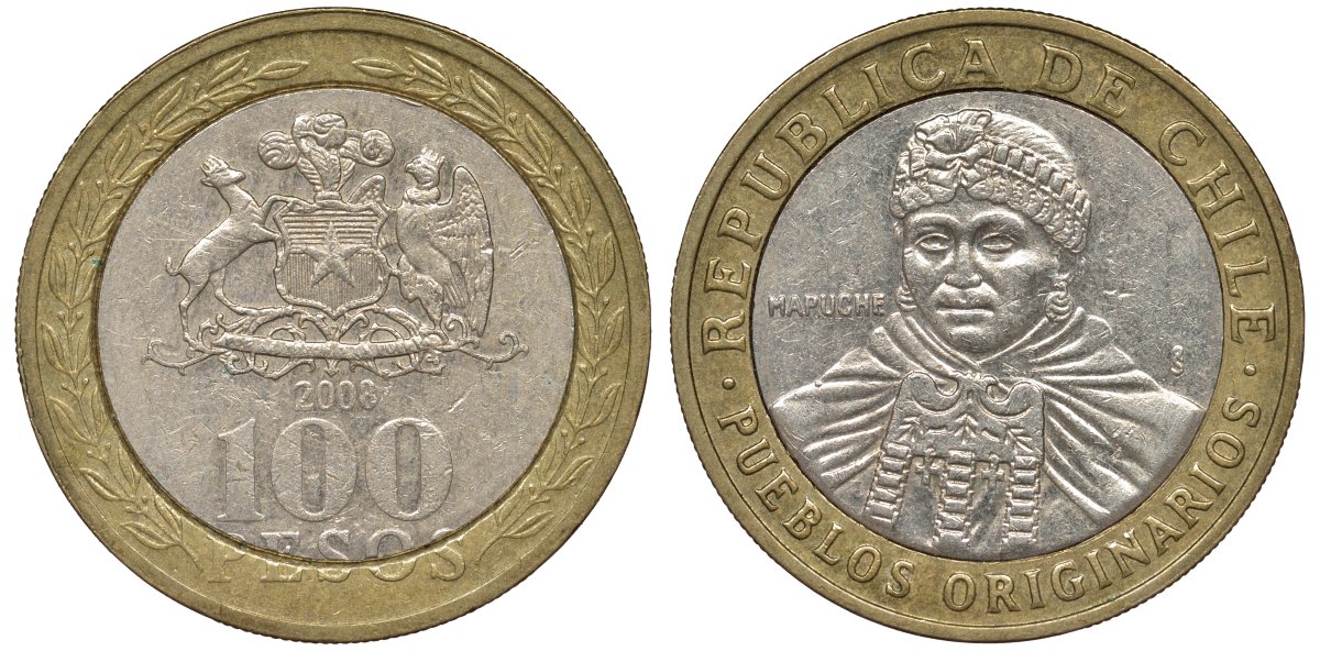 Чили 100 песо 2008 индейцы Мапуче KM 236 биметалл 4681-531
