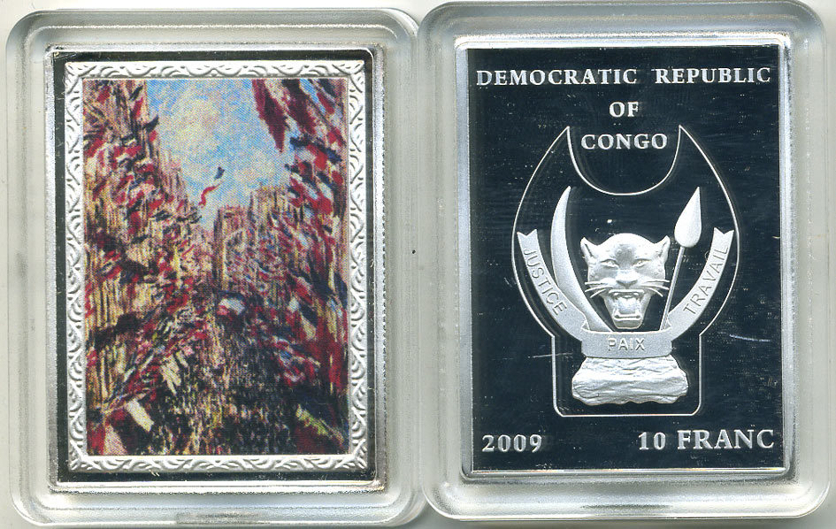 Конго 10 франков 2009 серия шедевры мировой живописи, КЛОД МОНЕ, RUE MONTORGUEIL FESTIVAL, серебрение, размер 35Х46 мм., цветная эмаль медно-никель PROOF M43-10
