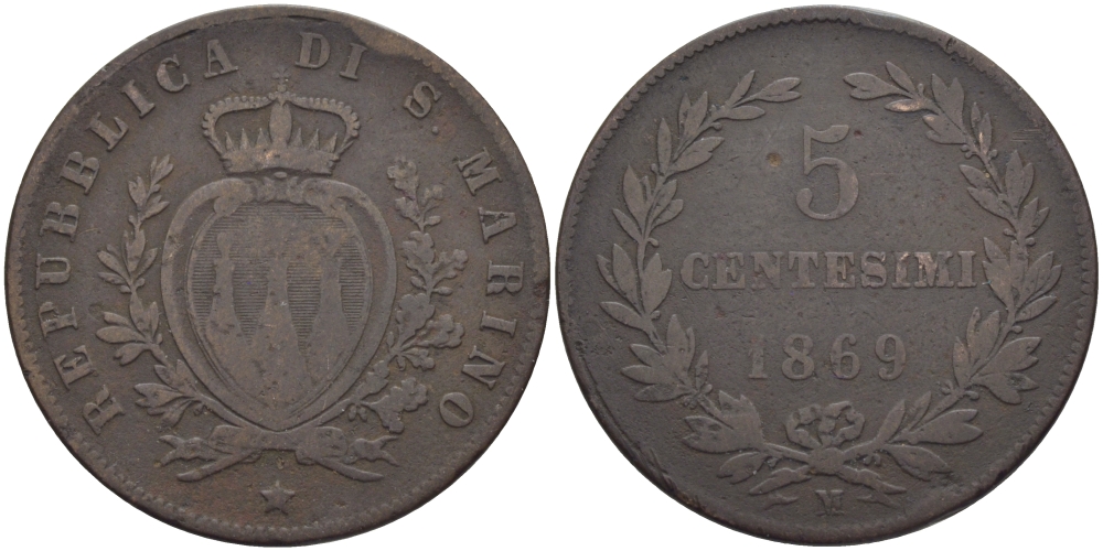 САН-МАРИНО 5 ЧЕНТЕЗИМО 1869 М KM 1 медь 72-312
