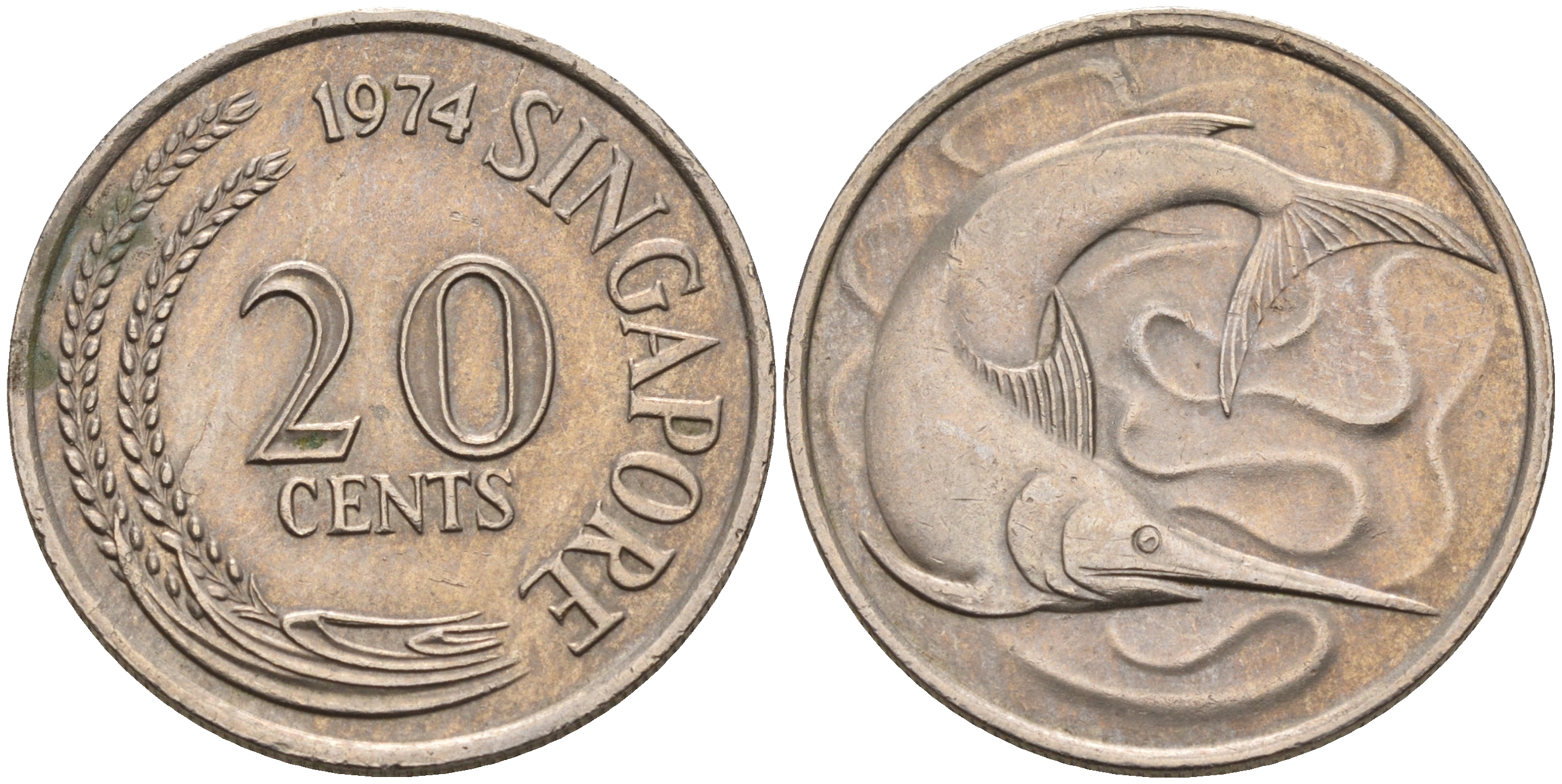 Сингапур 20 центов 1974 голубой марлин, тунец KM 4 медно-никель    4116-413